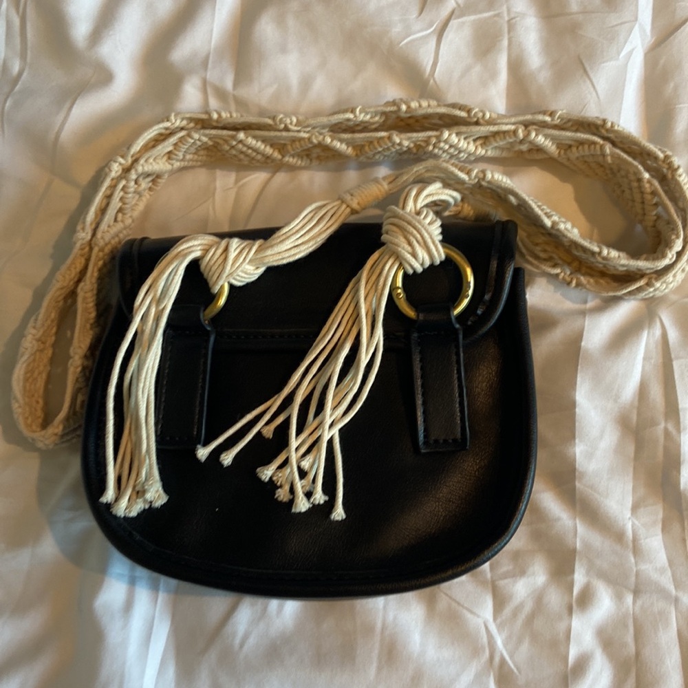 Anthropology Street Level Black Vegan Leather cross body detailed macrame strap - Picture 5 of 15
